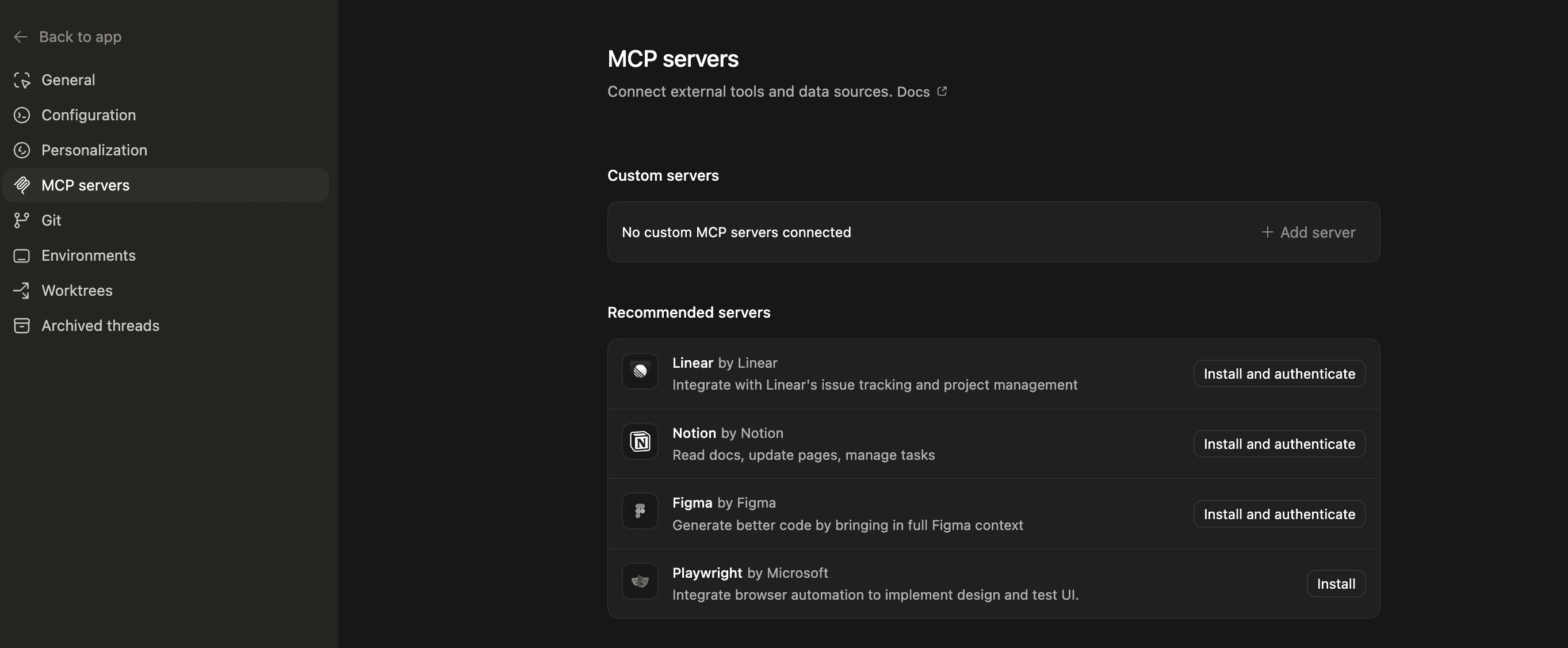 Codex 设置中的 MCP servers 页面和 Add server 按钮