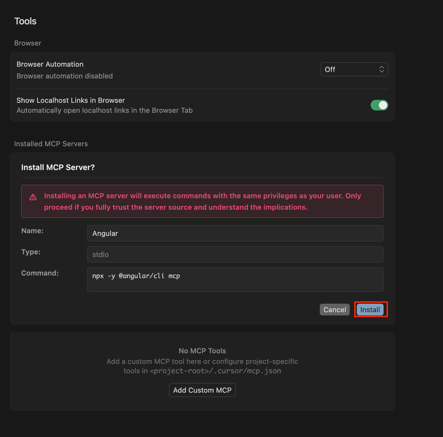 Cursor Tools 设置中的 Add Custom MCP 入口